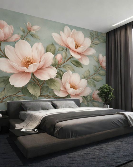 Fototapeta pudrowe magnolie na turkusowym tle