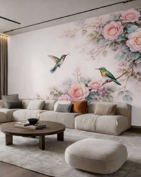 Fototapeta kolibry wśród pastelowych róż