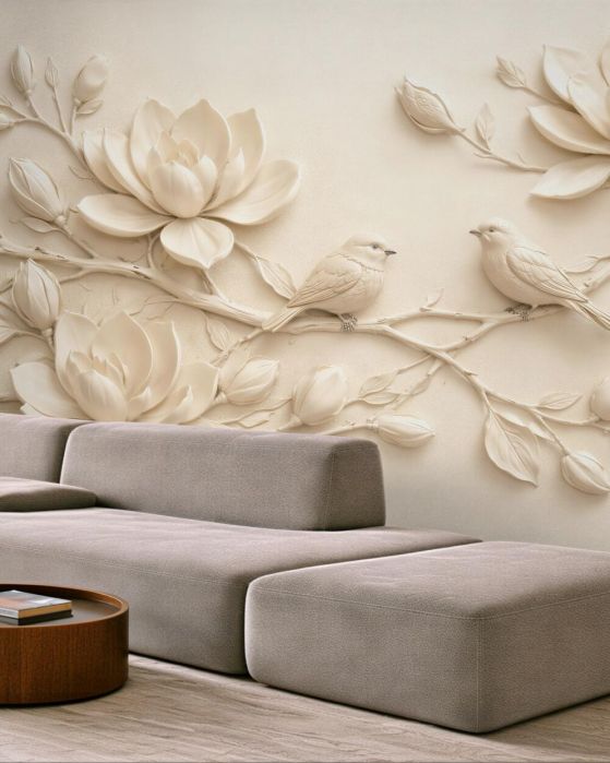 Fototapeta kremowe magnolie z ptakami