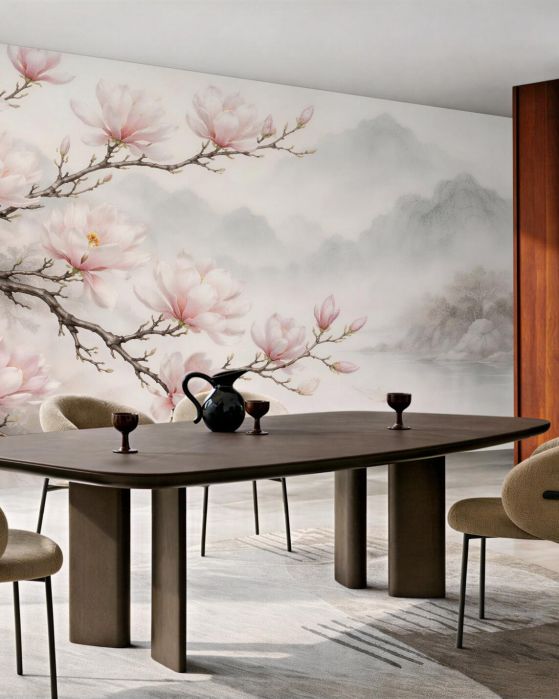 Fototapeta magnolie nad mglistym jeziorem