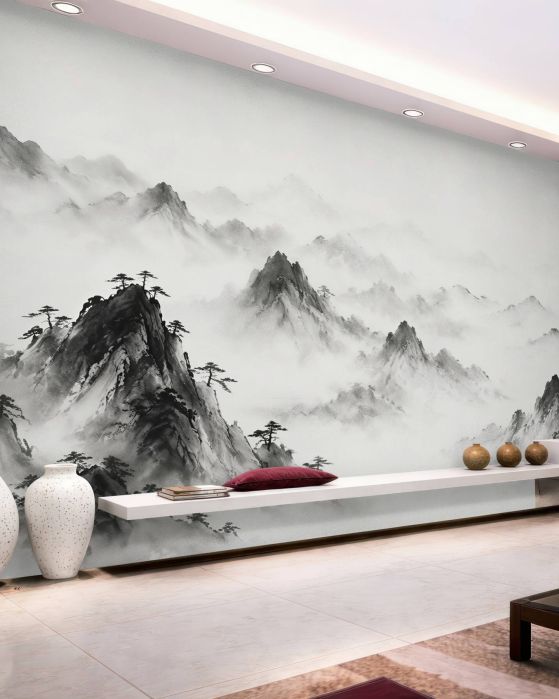 Fototapeta mgliste góry w tuszu