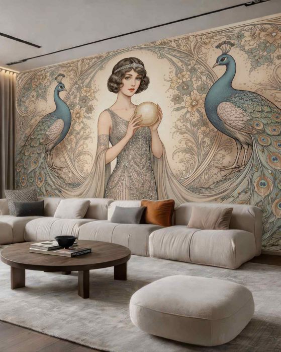 Fototapeta pawie i dama art déco