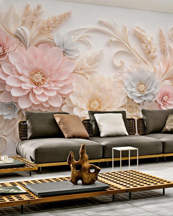Fototapeta pudrowe kwiaty w złotym reliefie
