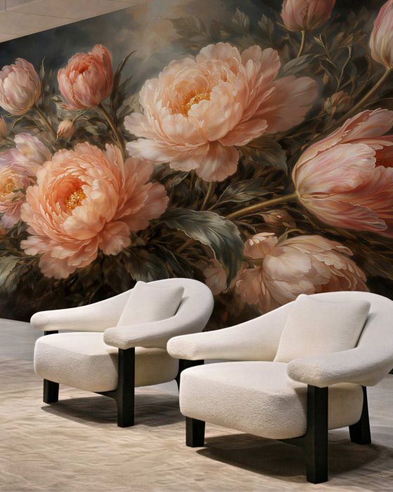 Fototapeta morelowe peonie w blasku zmierzchu