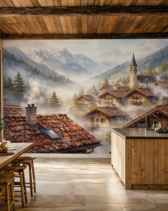 Fototapeta górska wioska we mgle