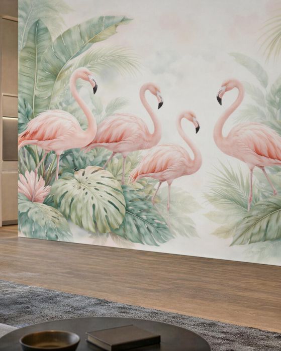 Fototapeta flamingi w tropikalnych liściach