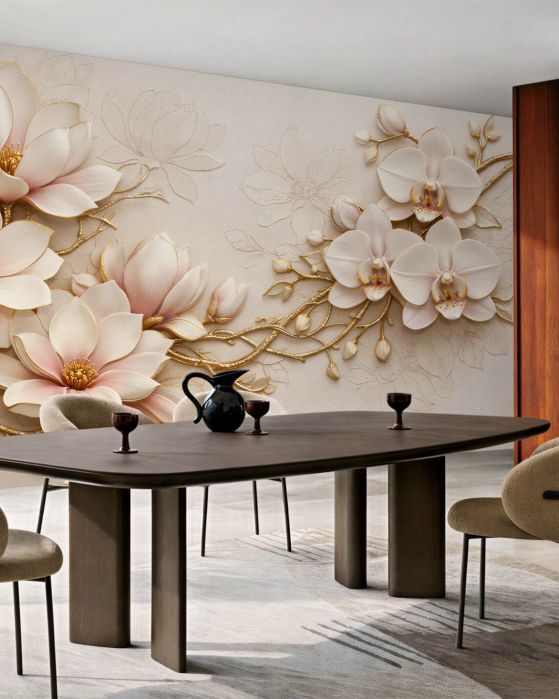 Fototapeta złote magnolie i orchidee glamour