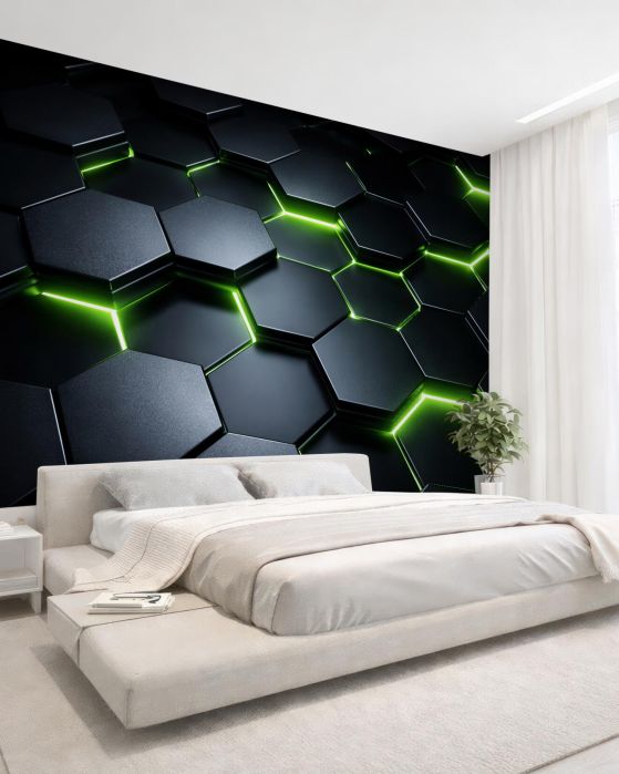 Fototapeta zielone heksagony neonowe 3d