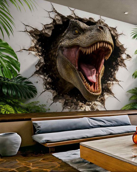 Fototapeta dinozaur 3d przebijający ścianę