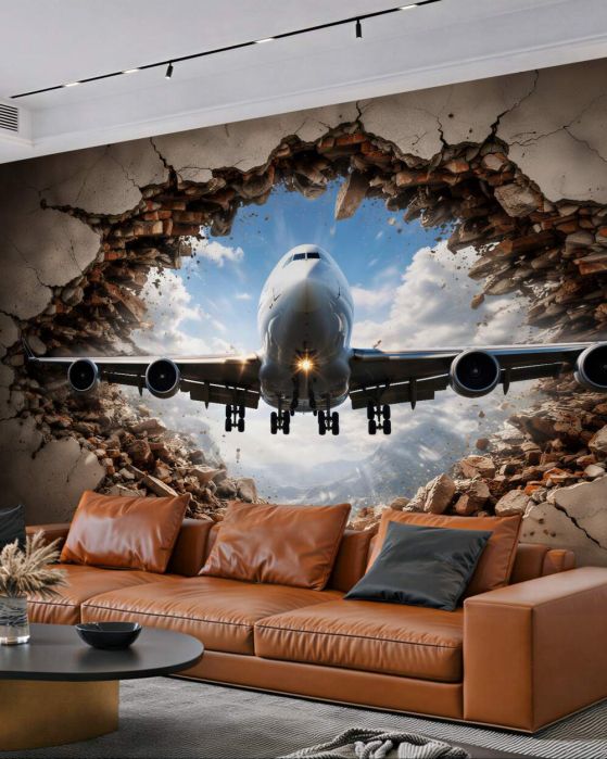 Fototapeta samolot przebijający ścianę 3d