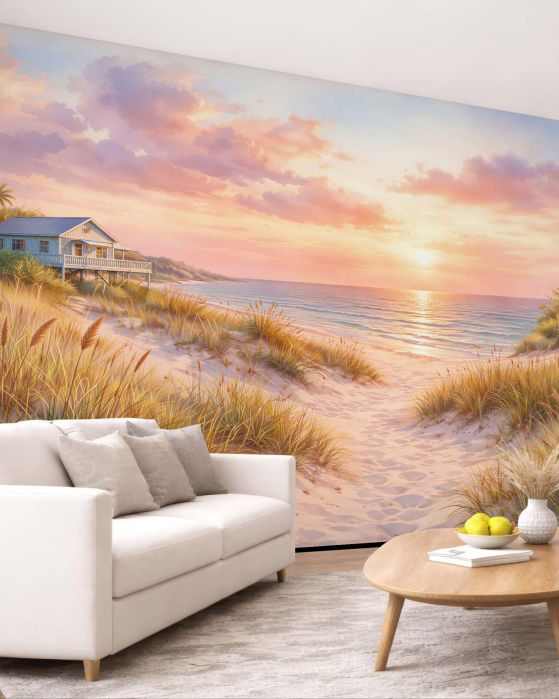 Fototapeta różowy zachód nad plażą