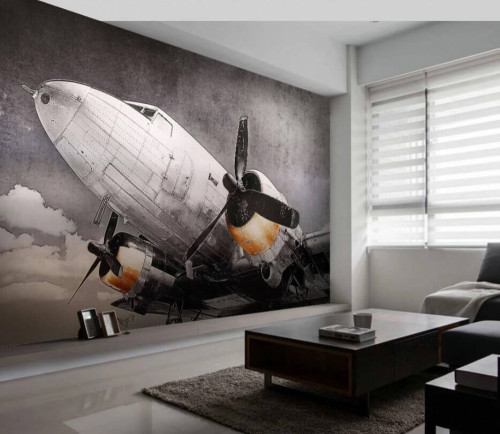 Fototapeta Samolot, roleta okienna i sofa