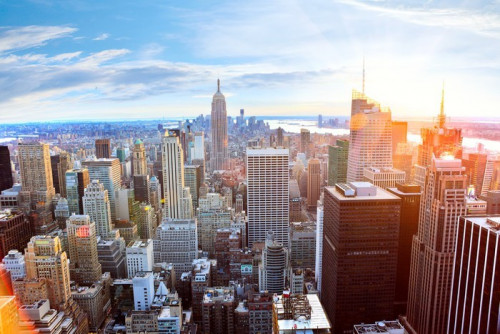 Fototapeta Widok z lotu ptaka Manhattan Skyline o zachodzie słońca, New York City