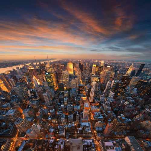 Fototapeta New york city skyline o zachodzie słońca