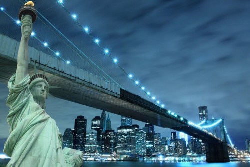 Fototapeta Brooklyn Bridge i Statua Wolności w nocy