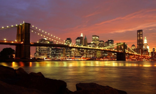 Fototapeta Brooklyn Bridge z panoramę miasta w nocy