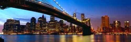 Fototapeta Manhattan panoramy z Brooklyn Bridge o zachodzie słońca w Nowym Jorku