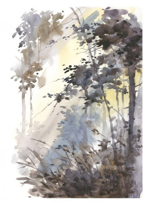 Fototapeta Akwarele ręcznie malowane abstrakcyjny krajobraz, głęboki las, trójkami w słońcu.