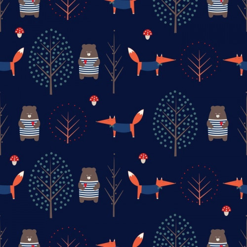 Fototapeta Fox, niedźwiedź, drzew i grzyby szwu na ciemnym niebieskim tle. Śliczne stylu skandynawskim charakter ilustracji. Jesień las ze zwierzętami projektowania dla przemysłu włókienniczego, tapety, tkaniny.