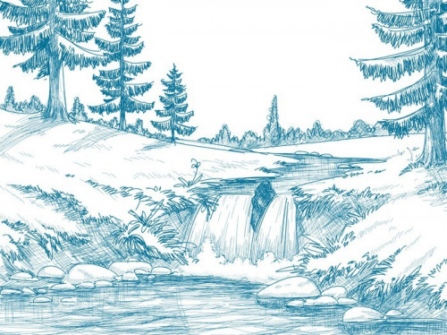 Fototapeta Rysunek ołówkiem rzeki górskiej