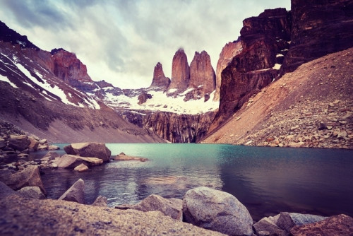 Fototapeta Torres del paine park narodowy, kolor stonowanych obraz, patagonia, Chile.