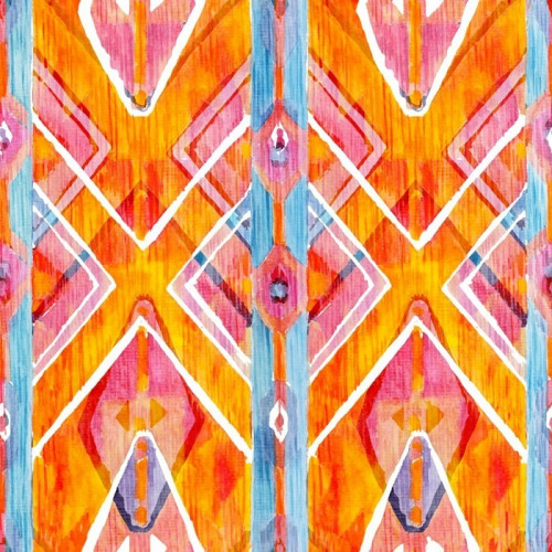 Fototapeta Ikat geometryczne czerwone i pomarańczowe autentyczny wzór w stylu akwareli. Akwarela szwu.