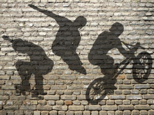 Fototapeta Ombres de Skate, Roller & BMX sur mur Briques de