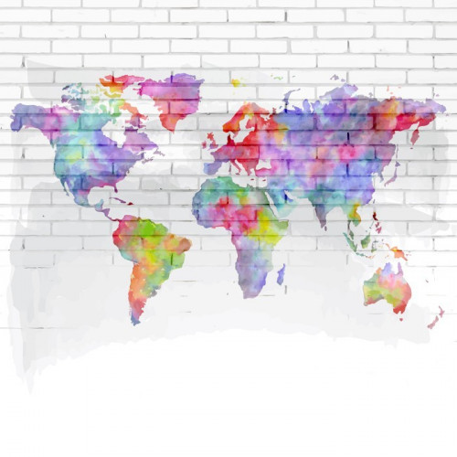Fototapeta Akwarela mapa świata na ścianie z cegły
