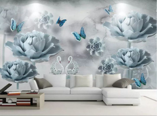 Fototapeta Niebieskie łabędzie, motyle i kwiaty