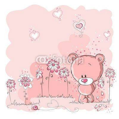 Fototapeta Pink cute bear holding a flower