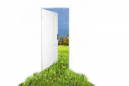 Fototapeta Drzwi na trawnik