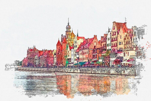 Fototapeta Akwarelowy pierworys architektury miasta Gdańsk