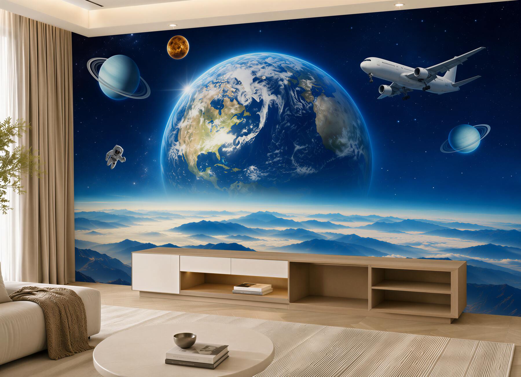 Fototapeta kosmiczny krajobraz z planetą nad górami w błękitnych pastelach?v23