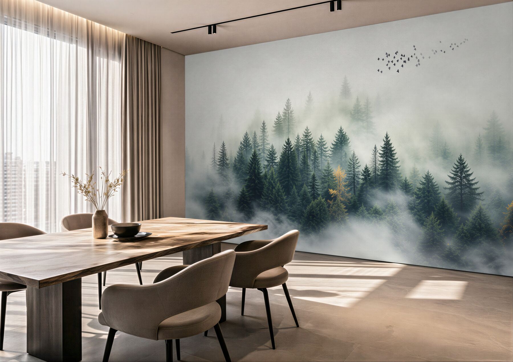 Fototapeta ptaki nad mglistym lasem?v23