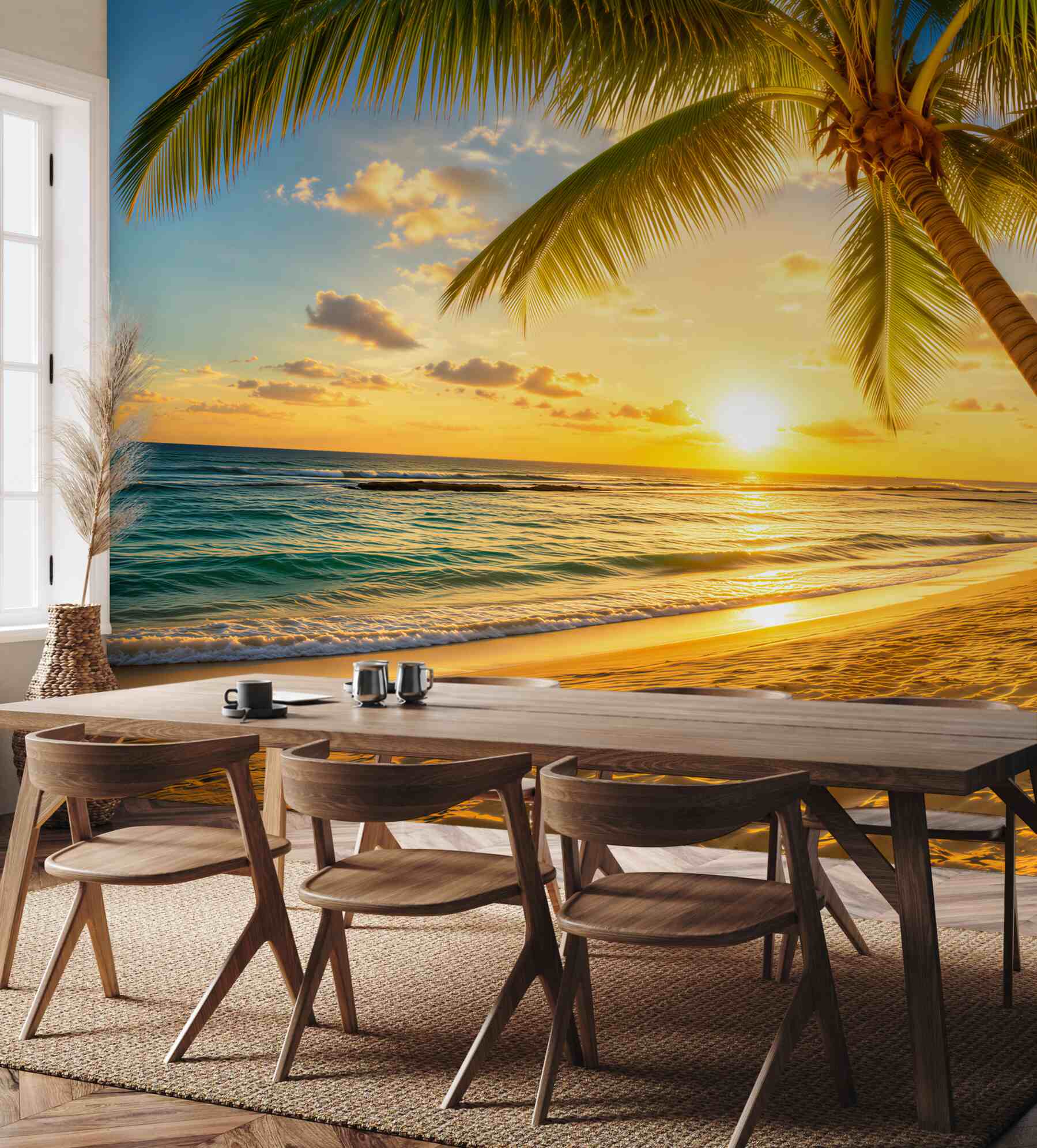 Fototapeta zachód słońca na tle oceanu i palm?v23