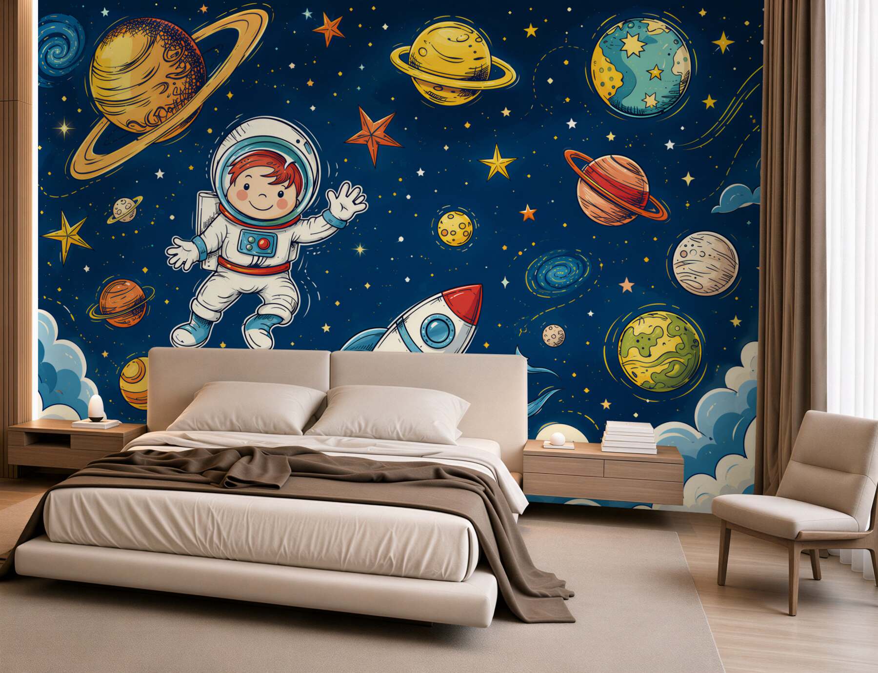 Fototapeta Chłopiec z astronautą, rakietą i planetą?v23
