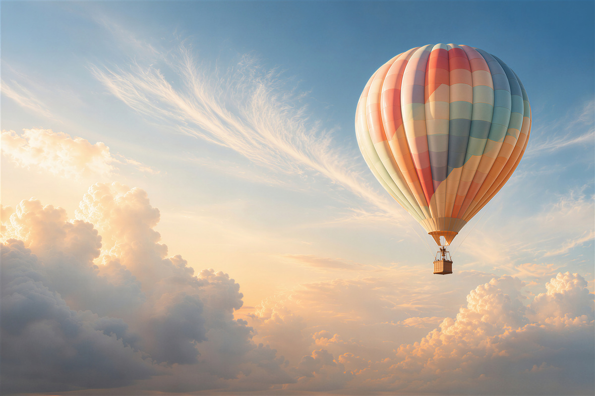 Fototapeta balon na gorące powietrze wśród pastelowych chmur