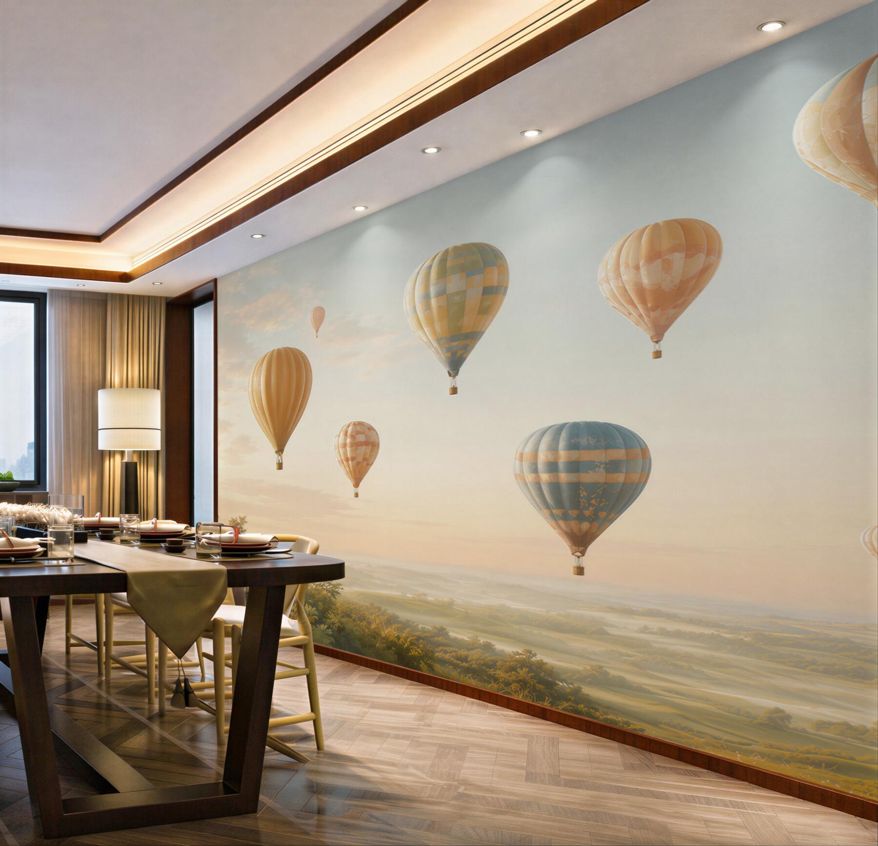 Fototapeta balony na gorące powietrze nad pastelowym krajobrazem?v23