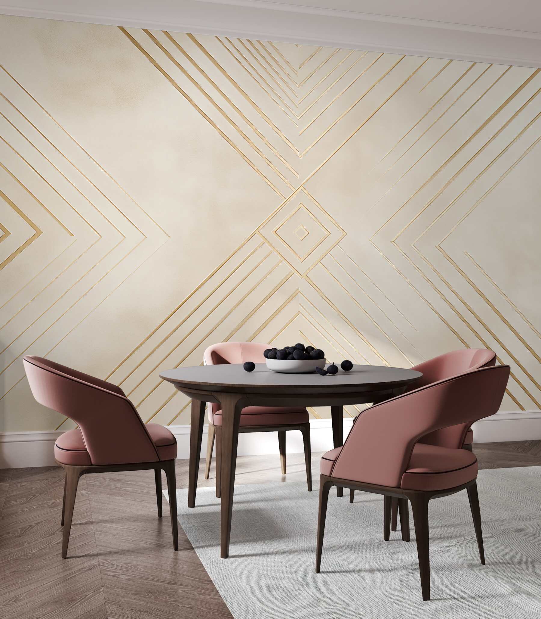 Fototapeta geometryczny art deco beżowa ze złotymi liniami do salonu