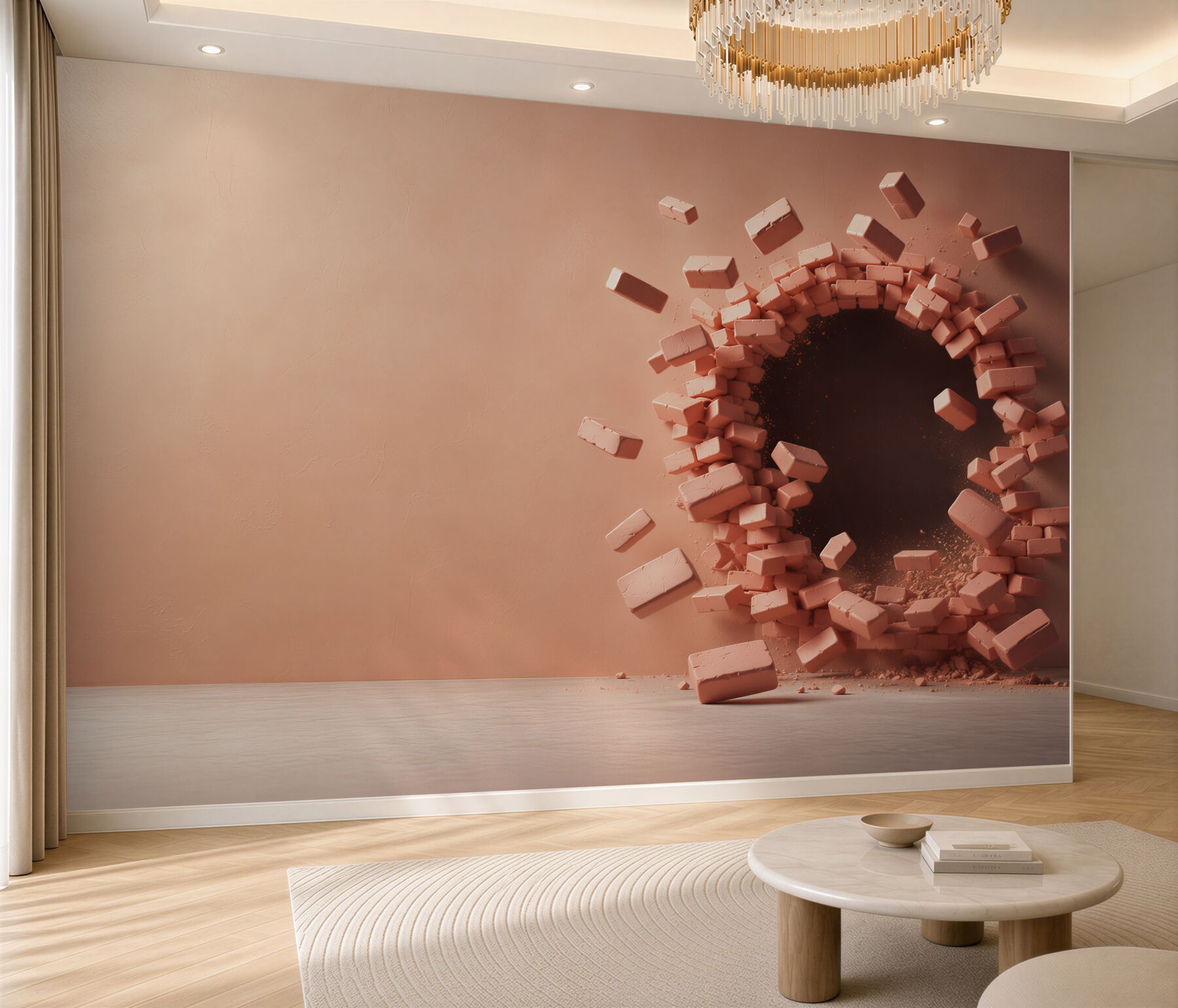 Fototapeta pękająca różowa ściana 3D z otworem nowoczesna
