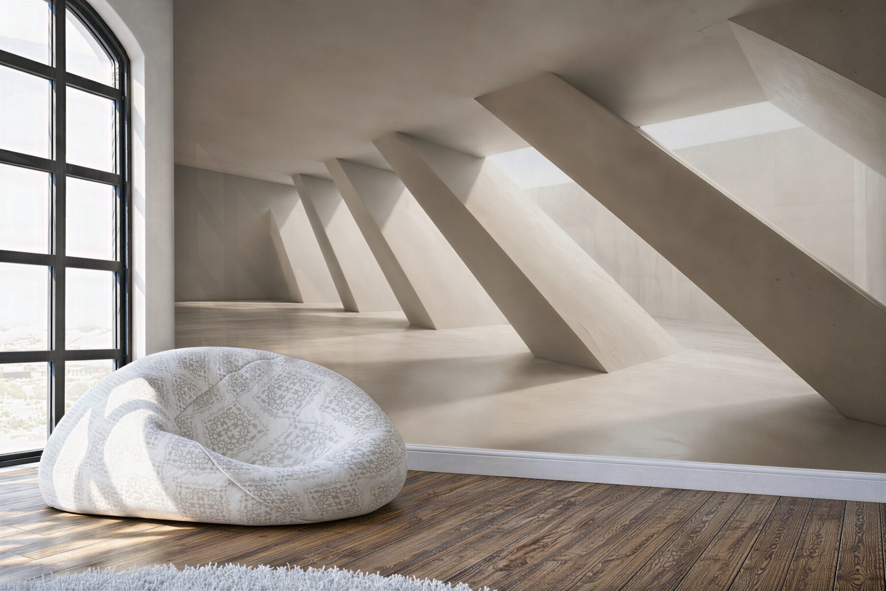 Fototapeta minimalistyczna architektura wnętrza beżowa z geometrycznym światłem?v23