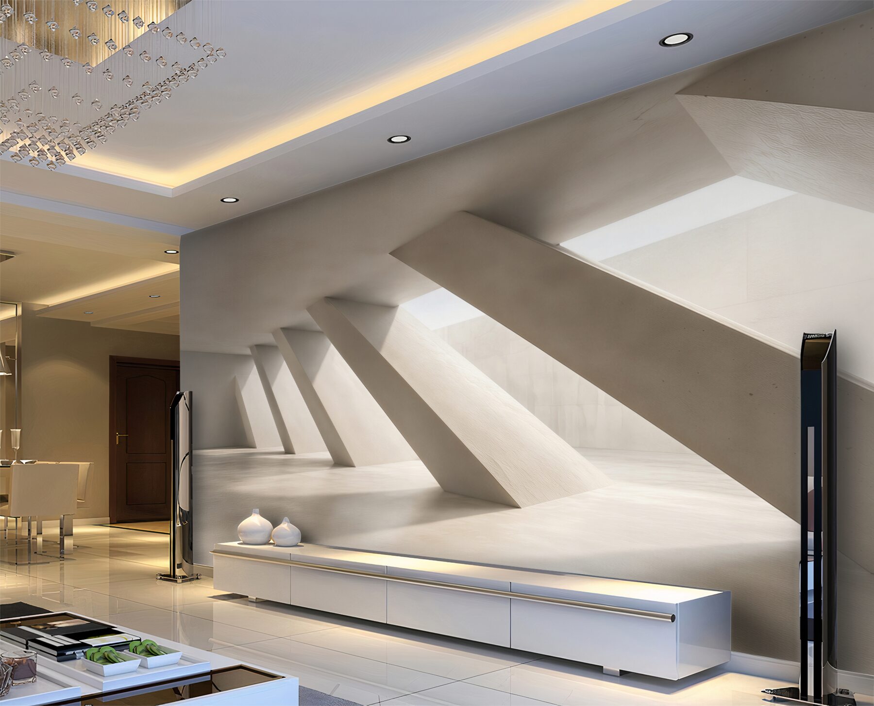 Fototapeta minimalistyczna architektura wnętrza beżowa z geometrycznym światłem?v23