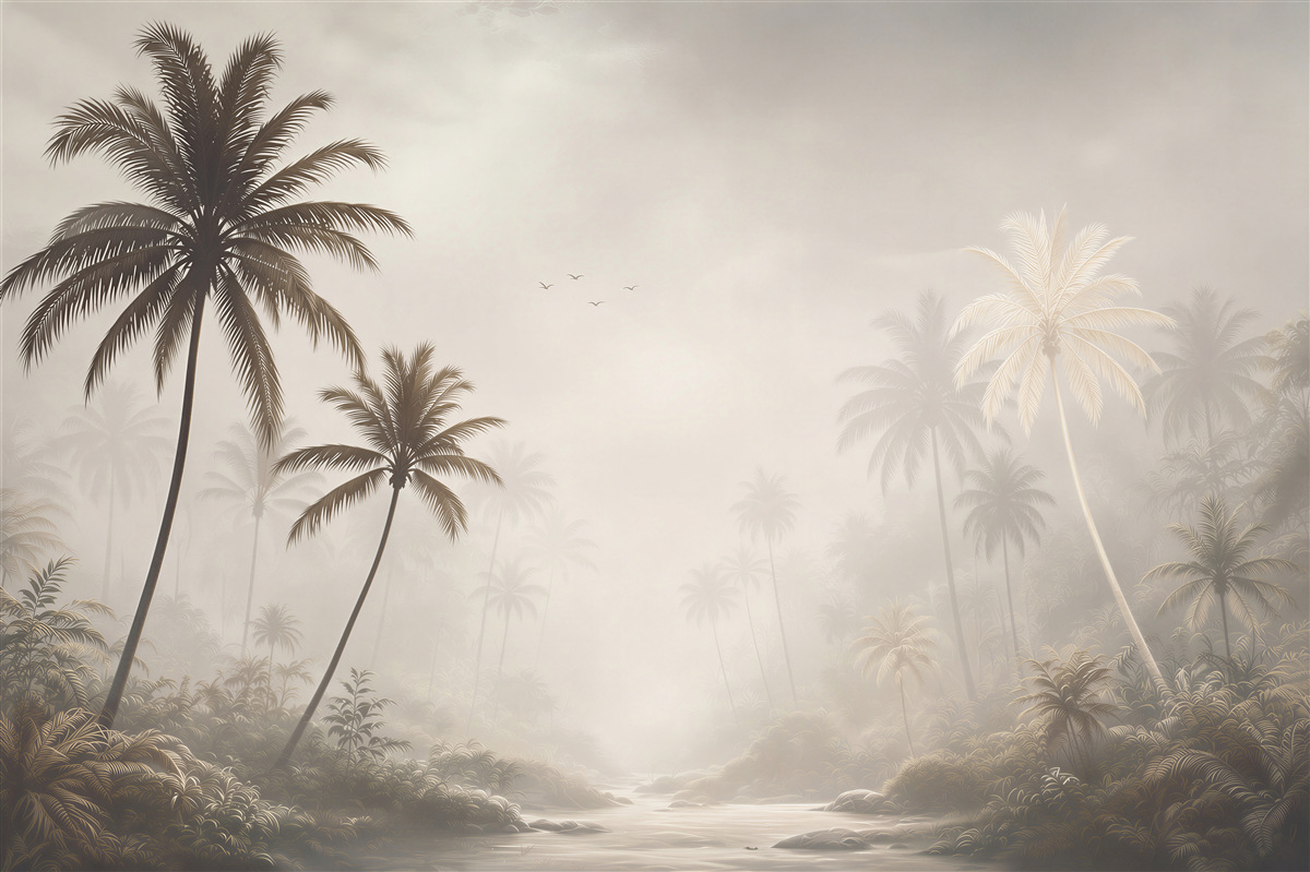 Fototapeta palmy tropikalne we mgle beżowa spokojna do salonu