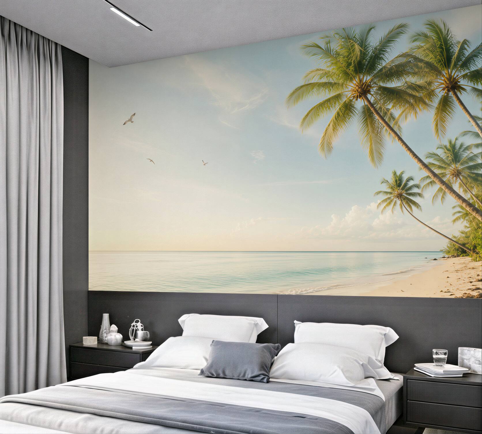 Fototapeta tropikalna plaża z palmami i spokojnym morzem o wschodzie słońca