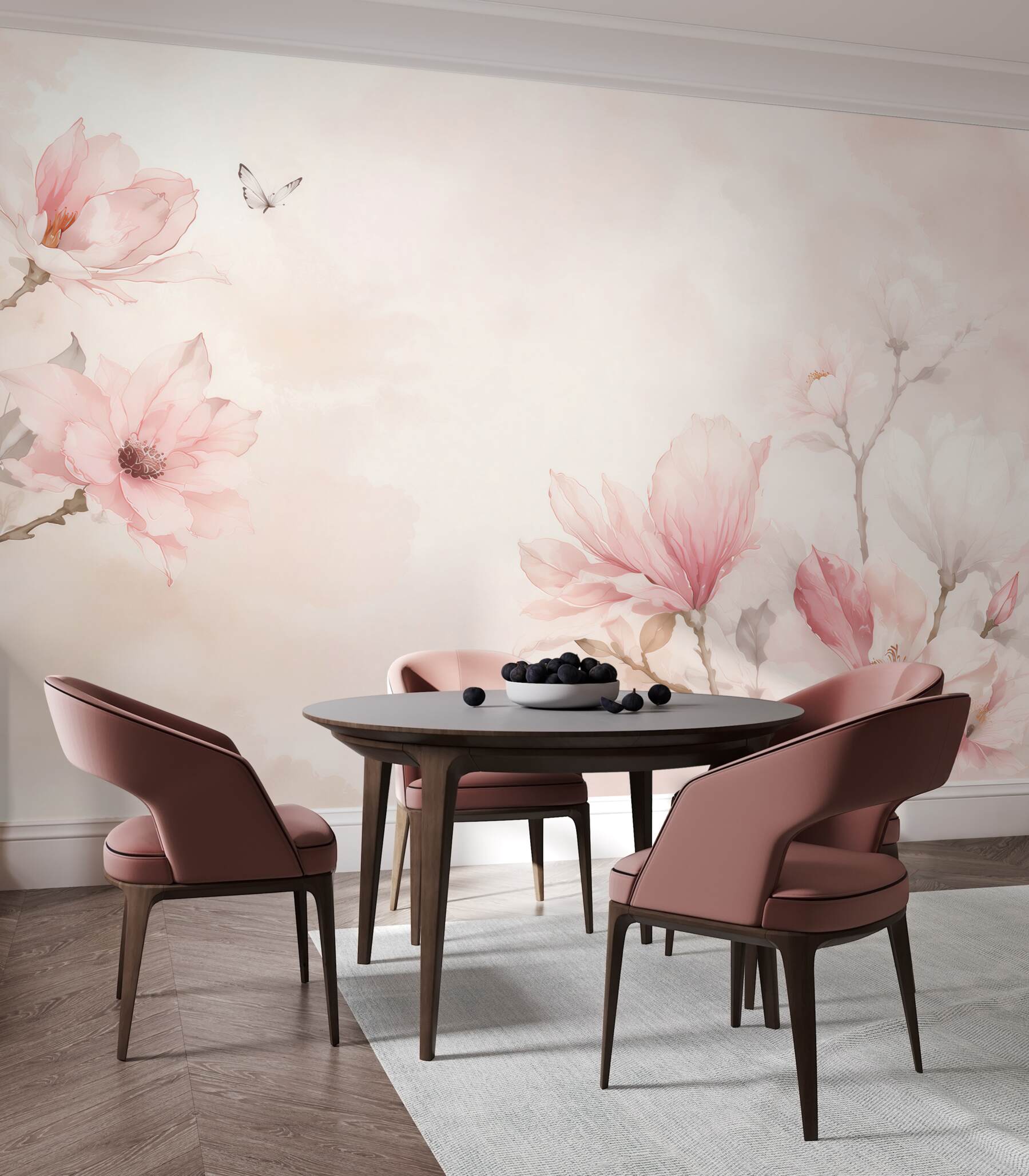 Fototapeta magnolie różowe akwarelowe delikatne z motylem do sypialni