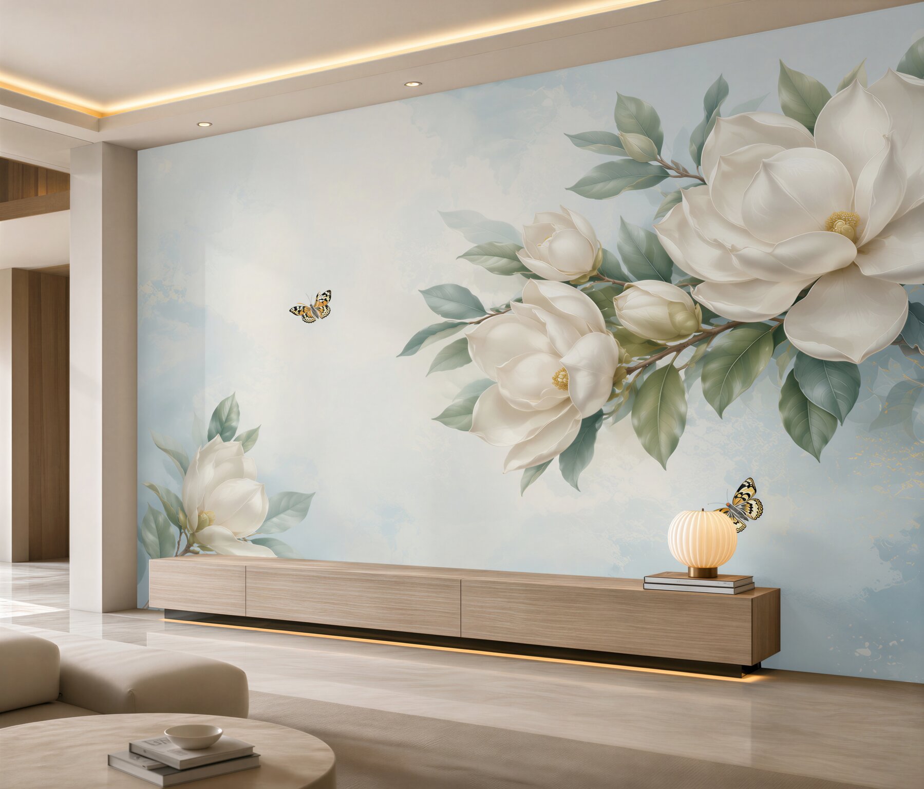 Fototapeta magnolie kremowe z motylami na błękitnym tle elegancka