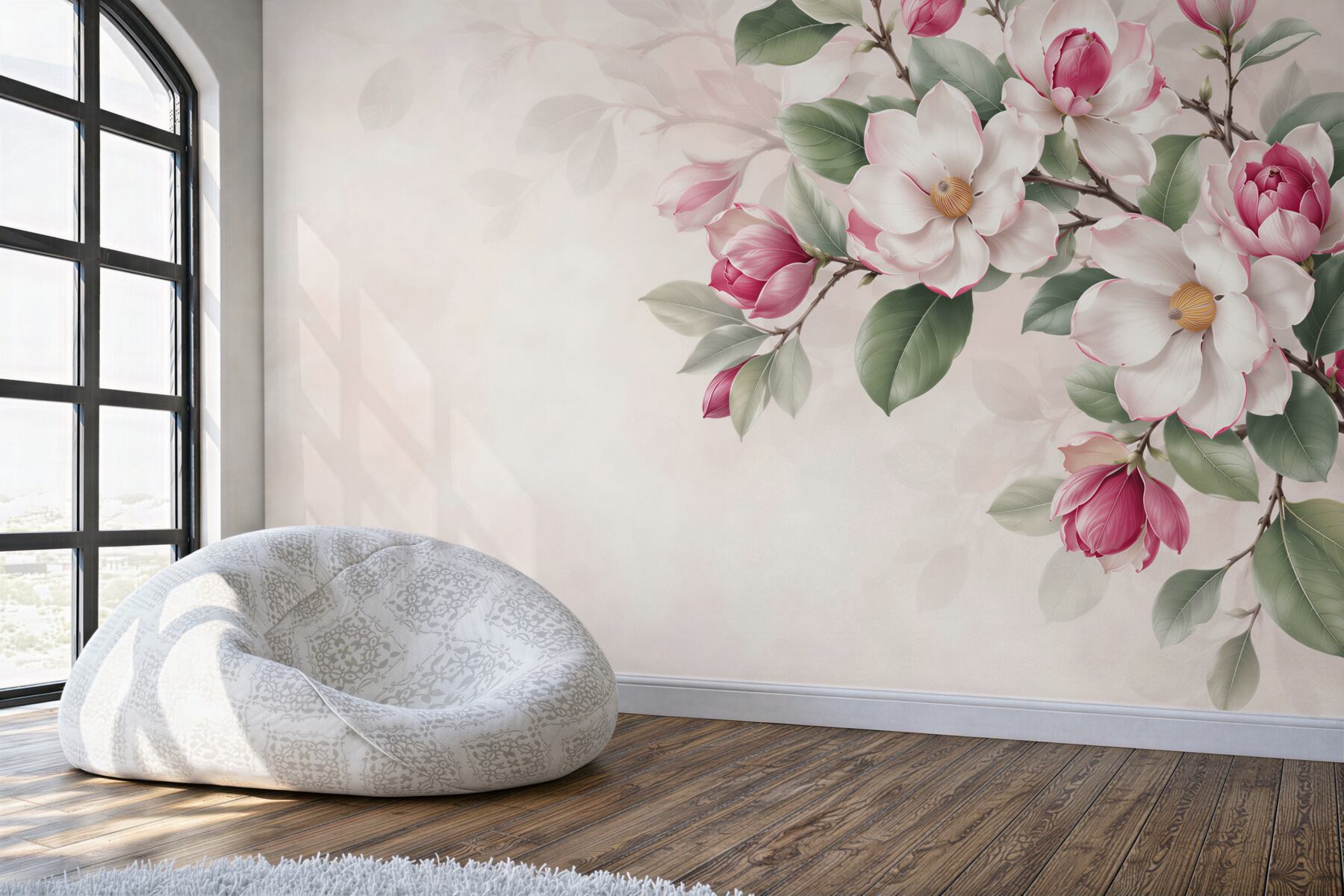 Fototapeta białe i różowe magnolie z zielonymi liśćmi elegancka