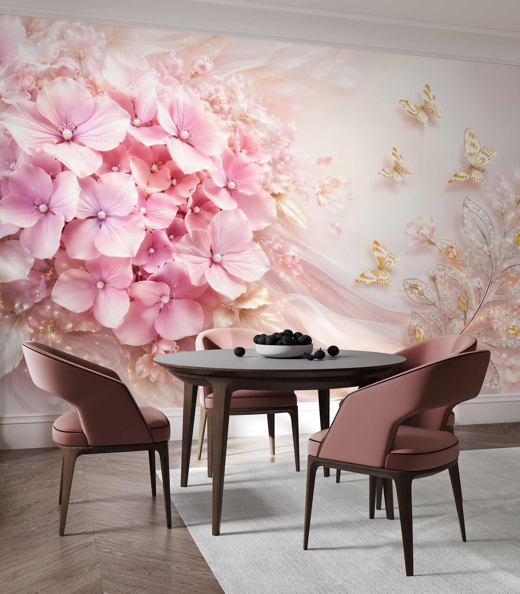 Fototapeta różowe hortensje z motylami elegancka pastelowa kompozycja
