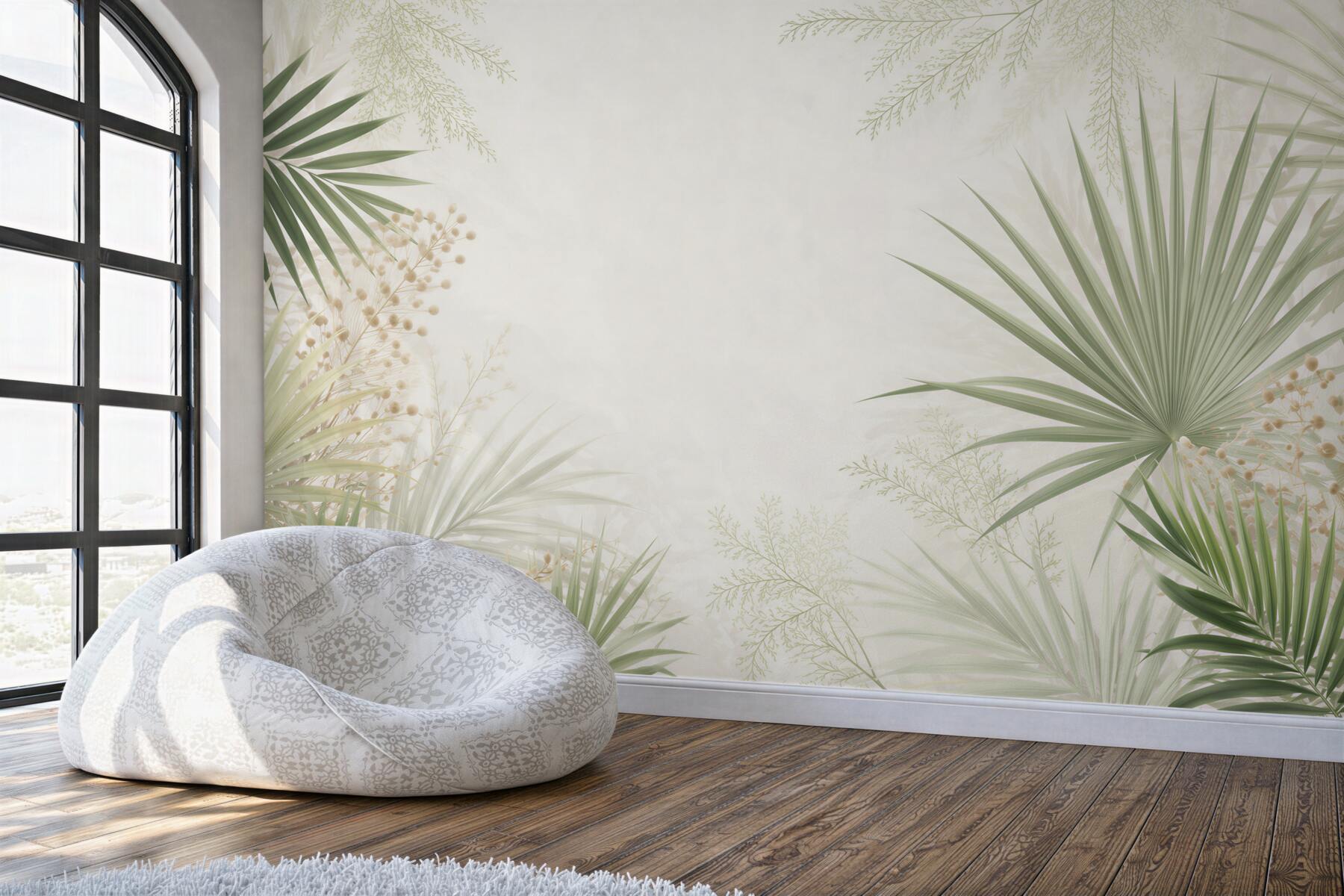 Fototapeta delikatne liście palmowe beżowo zielone w stylu botanicznym