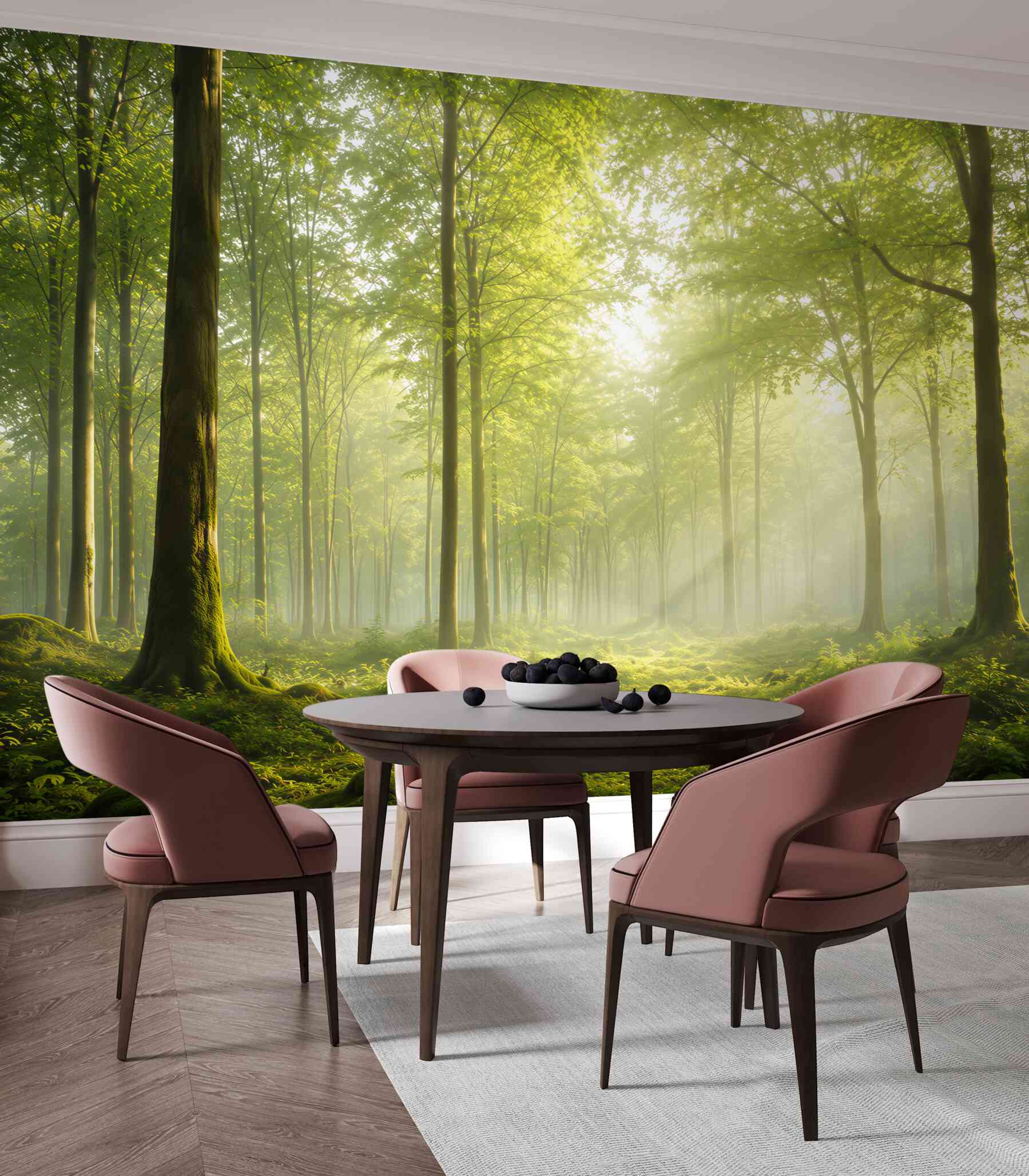 Fototapeta zielony las we mgle z promieniami słońca spokojna natura?v23